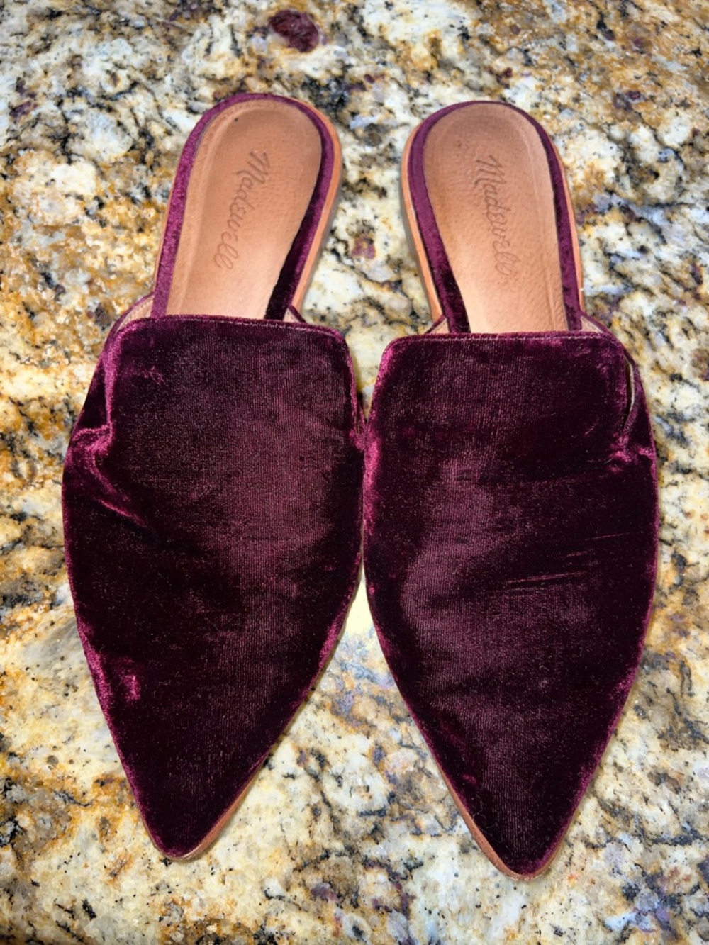 MADEWELL Gemma Mules Pinot Noir Burgundy Velvet Deep Wine Tan Leather Flats 9.5